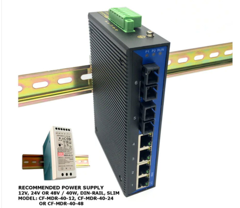 Industrial 6-Port Unmanaged Ethernet Switch / Daisy-Chain and Star Fiber Optic Converter (Multi-Mode / SC) - Click Image to Close