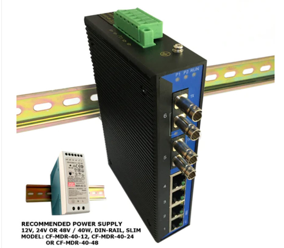 Industrial 6-Port Unmanaged Ethernet Switch / Daisy-Chain and Star Fiber Optic Converter (Single-Mode / ST) - Click Image to Close